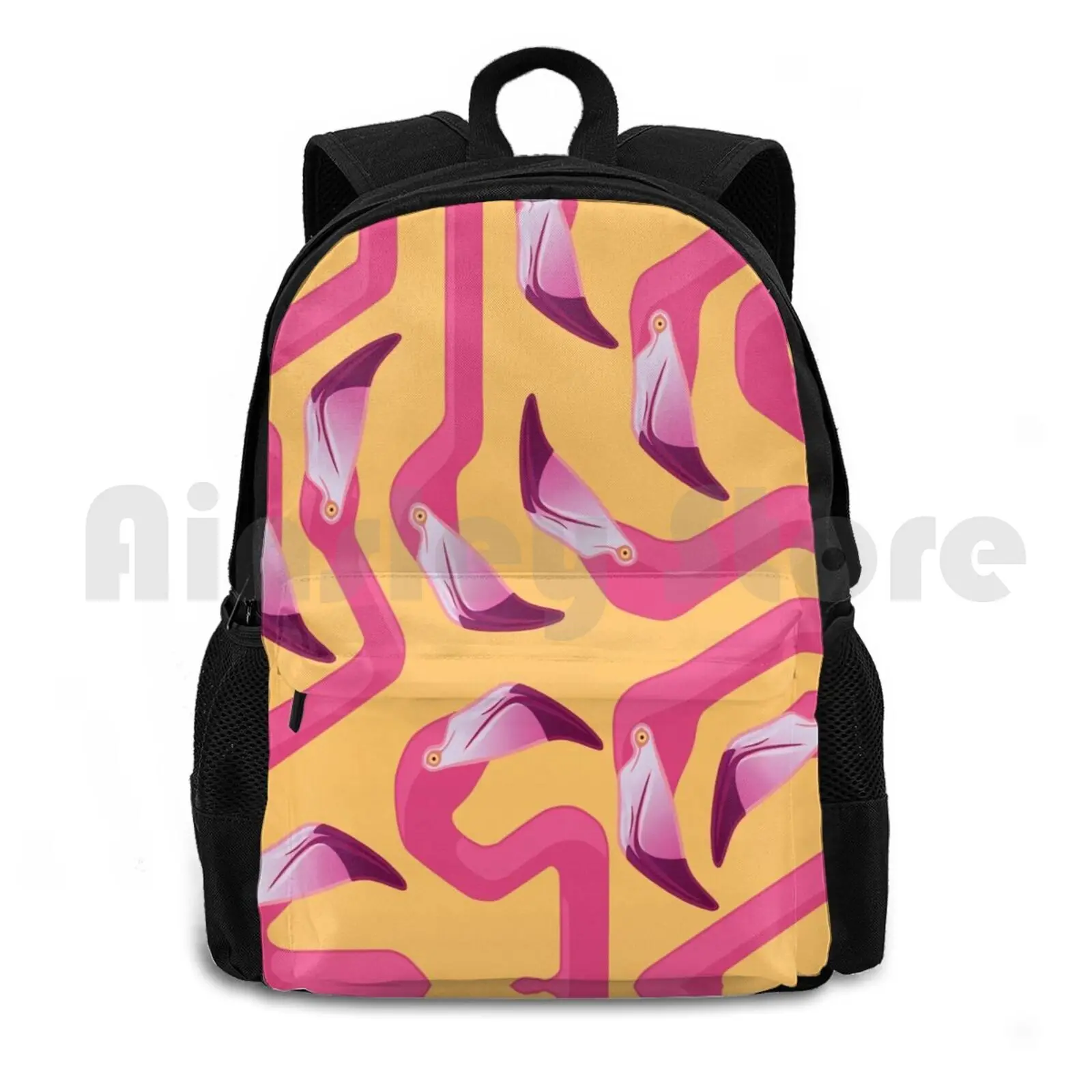 Flamingo Maze Outdoor Hiking Backpack Waterproof Camping Travel Flamingo Flock Flamingoes Tropical Birds Geometric Pink Yellow