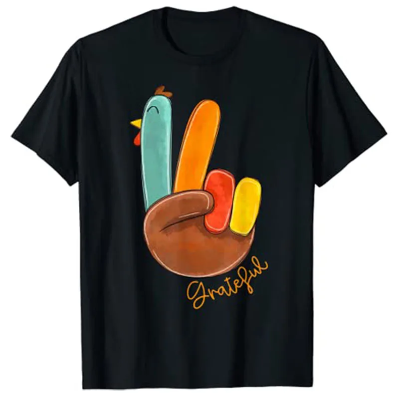 Peace Love Turkey Grateful Turkey Hand Sign Thanksgiving T-Shirt Graphic Tee Tops