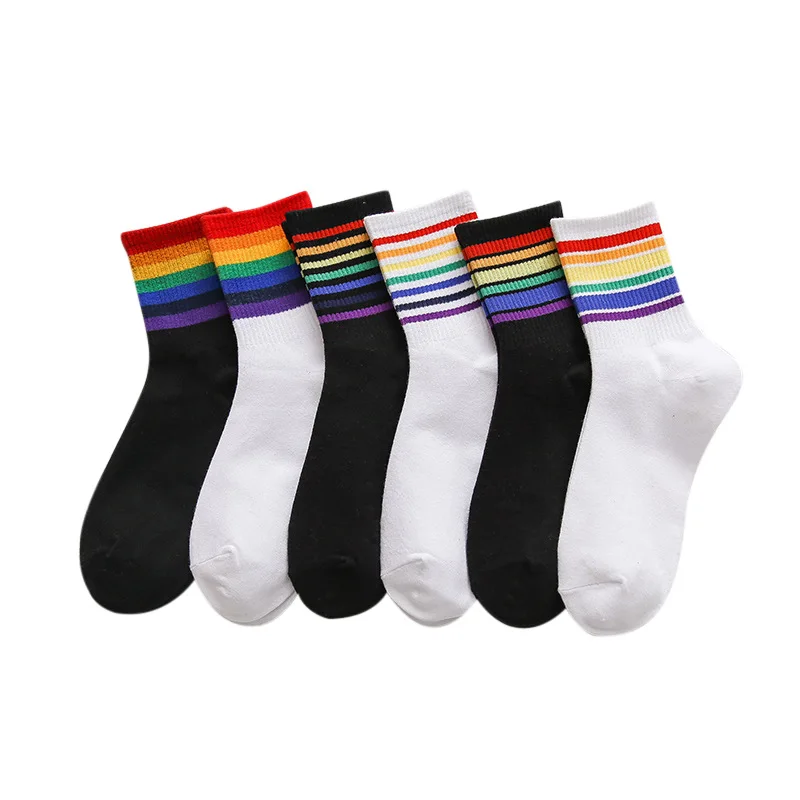 Instime Unisex Stripes Mid Men Socks Harajuku Colorful Funny Socks Men 100 Cotton 1 Pair Kawaii Rainbow Color Size 35-42