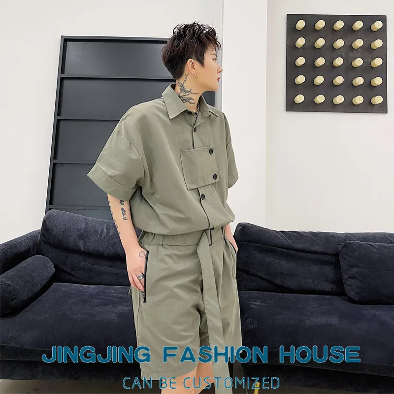 S-6XL!!New black Korean men's workwear short-sleeved shirt jumpsuit for summer wear. Teenage hipster male five-point pants