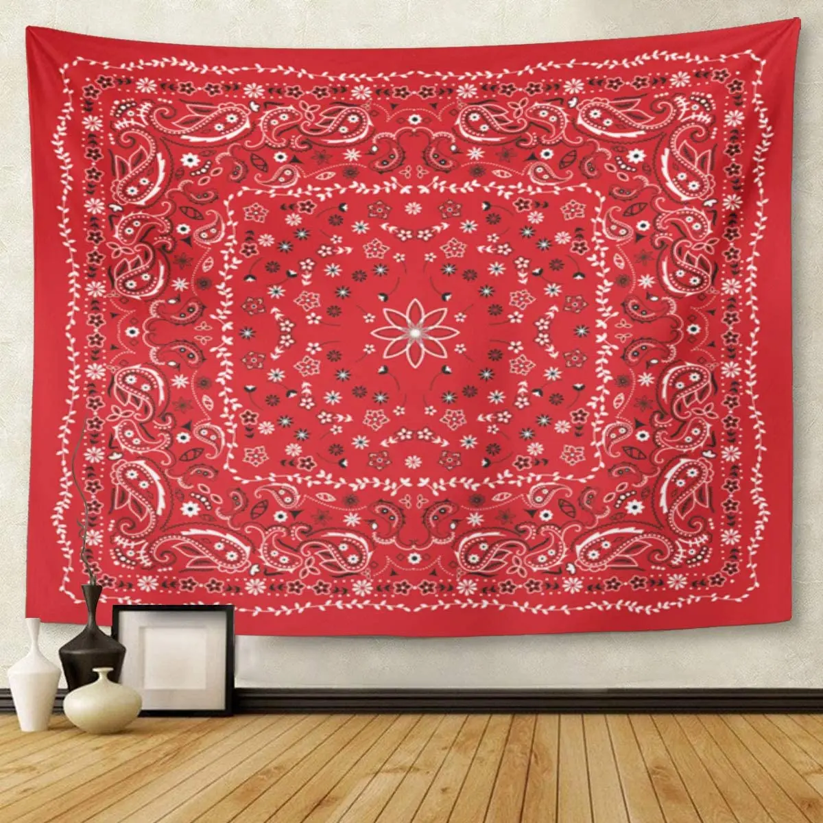 Black Scarf Red Paisley Bandana Colorful Border Floral Tapestry Wall Hanging for Living Room Bedroom Dorm 60x80 Inches