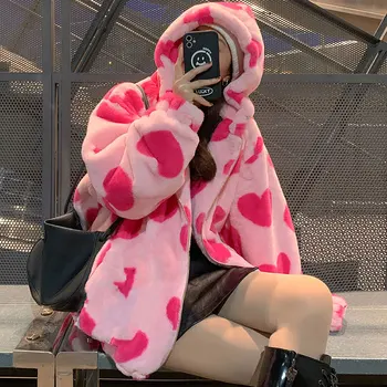 Giacca in peluche con stampa a forma di cuore Harajuku anni '90 donna inverno coreano cappotto con cappuccio a maniche lunghe di grandi dimensioni spesso caldo coppia streetwear