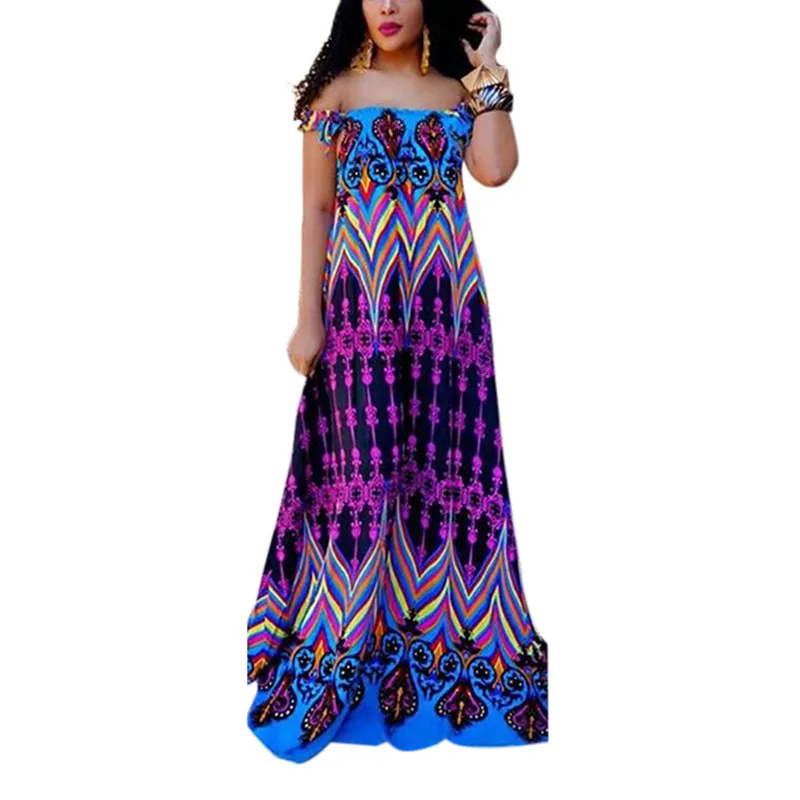 Mùa Hè Phong Cách Bohemian Đầm Maxi Dài Lệch Vai Nữ Rời Tầng Dài In Đời Boho Ngày Lễ Bãi Biển Áo