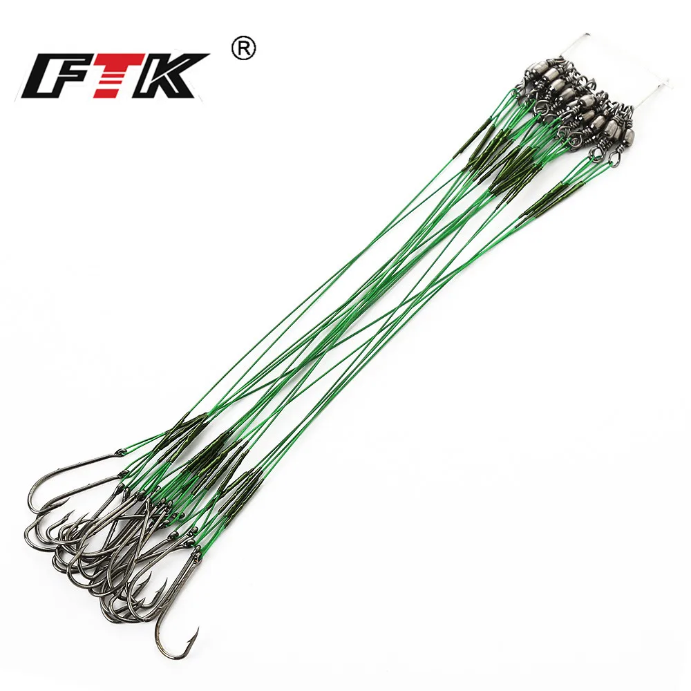 FTK 20pcs 12-25cm Anti Bite Steel Wire Leader Leashes For Fishing 20-80LB With Baitholder Hook Swivel Fishing Line Pike Bass