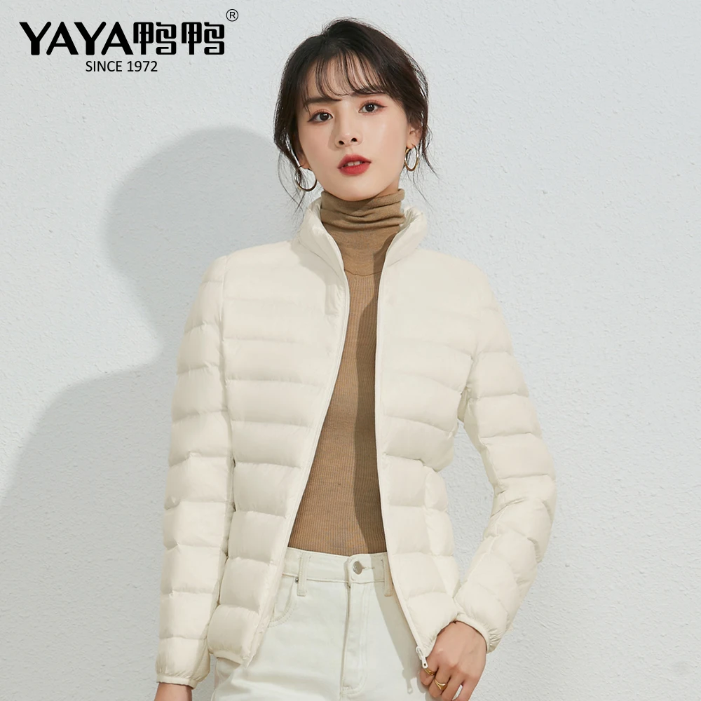 YAYA 2023 New Spring Women\'s Short 90% White Duck Down Jacket Light Thin Style Stand Collar Casual Solid Autumn Coat