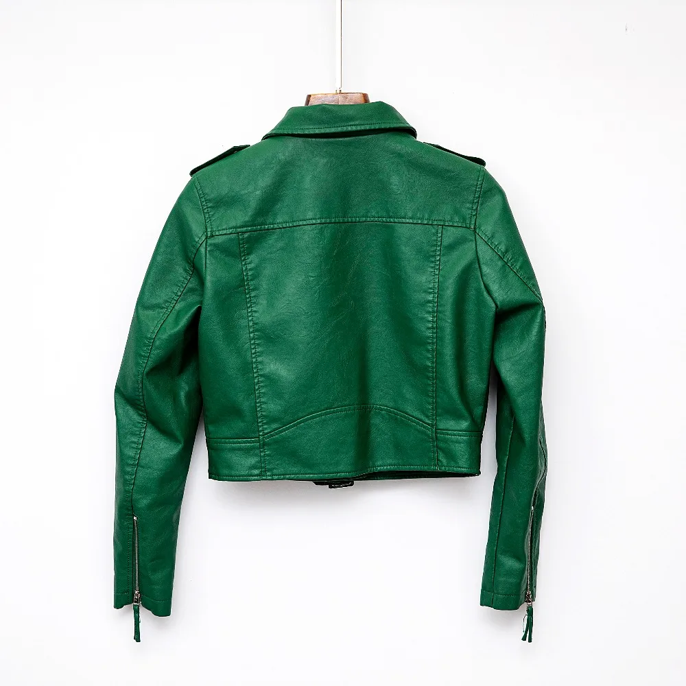 Pu Leather Jacket Women Fashion Bright Colors Black Motorcycle Coat Short Faux Leather Biker Jacket Soft Jacket Female Green Hot