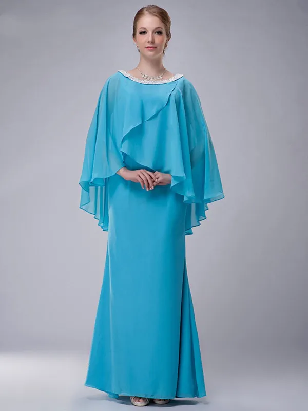 Blue Mother Of The Bride Dresses Sheath Chiffon Beaded With Jacket Long Elegant Groom Mother Dresses Wedding