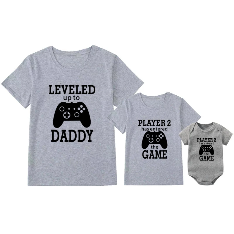 Leveled Up To Daddy Player 2 Has Entered The Game Funny Family Matching Clothes Cotton Daddy and Me Tshirt Father\'s Day Gift