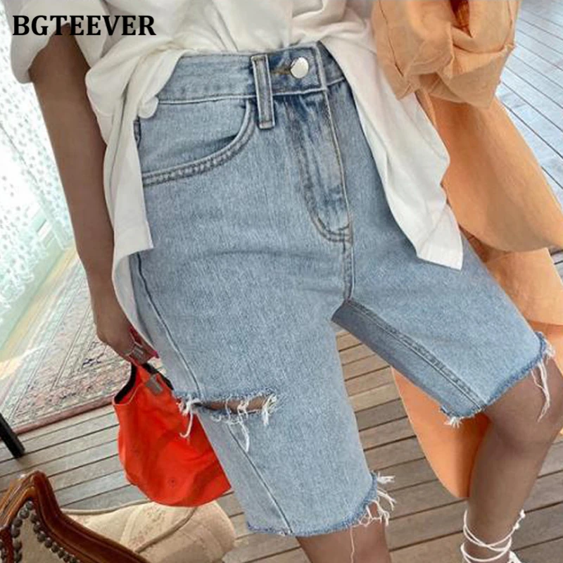 BGTEEVER Sommer Casual Hot Shorts für Frauen Hohe Taille Riped Taste Up Weibliche Denim Shorts Jeans Femme 2021 Streetwear