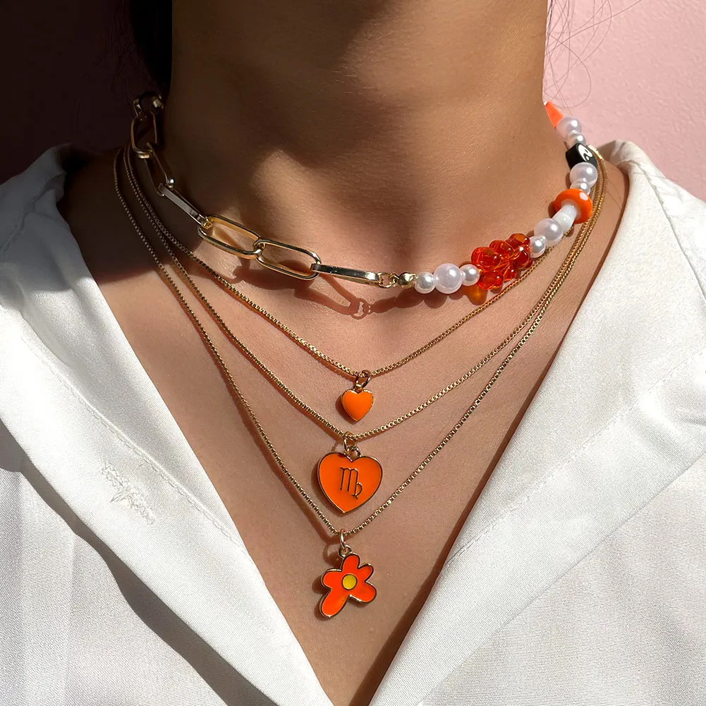 Pink Gummy Bear Pearl Beaded Choker Necklace For Women Multilayer Asymmetrical Flower Beads Metal Chain Necklace Fashion Jewelry