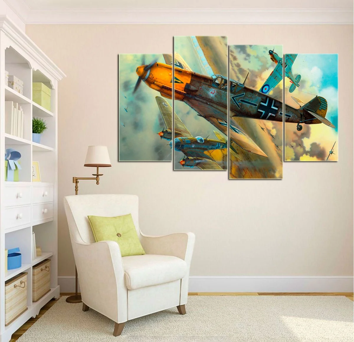 Canvas Prints Painting Wall Art Poster 4 Pcs Aviation Airplane BF-109-vs-P-51 Modern For Living Room Home Decor Modular Picture