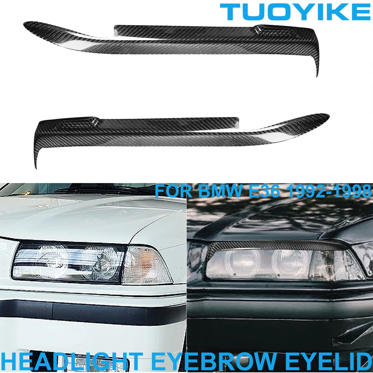 

2PCS LHD RHD Car Styling Real Carbon Fiber Front Headlight Eyebrow Eyelids Trim Cover Decorative Sticker For BMW E46 1992-1998