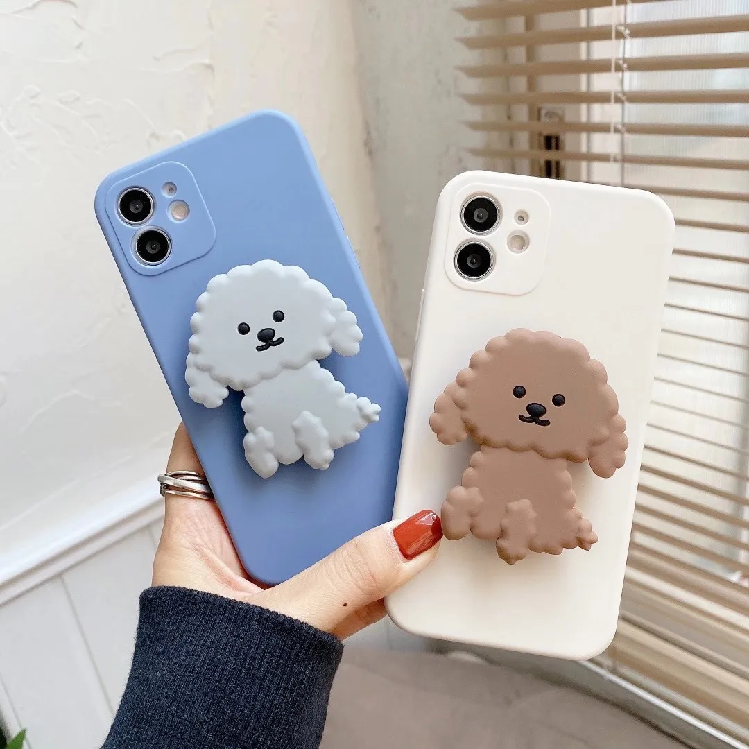 Fashion Cute clever Teddy Dog Poodle Puppy Bracket soft phone case for iPhone 14 13 12 Pro 7 8 Plus 11 Pro Max X Xs Max XR cover