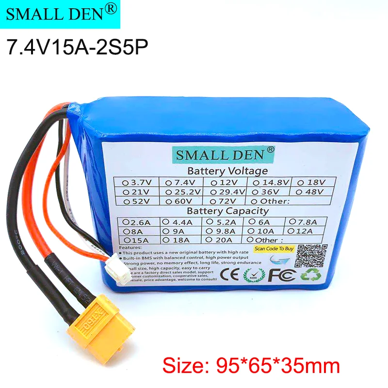 7.4V/8.4V 15A 18650 lithium battery pack 2S5P XT60 used for drones, aeromodelling, electric toys, high current output batteries