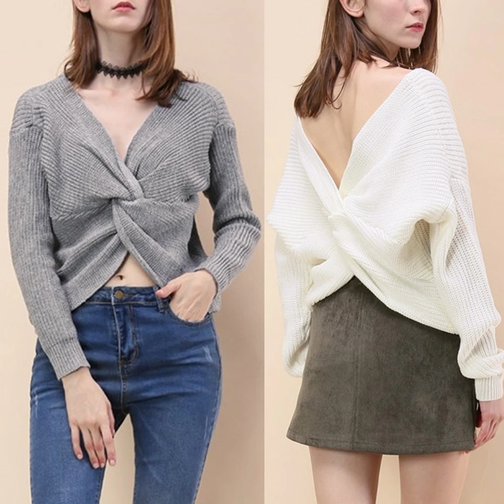 Solid Color V Neck Twisted Back Knot Sweater Women Long Sleeve Jumpers Pullover Girls knit Sweater