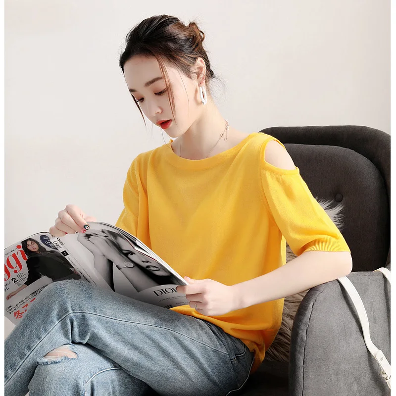 

Quality Silk Summer T Shirts Women Knitting Short-sleeved Tshirts Cool O-neck Lady Elegant Pulls Tops Tees Y0502