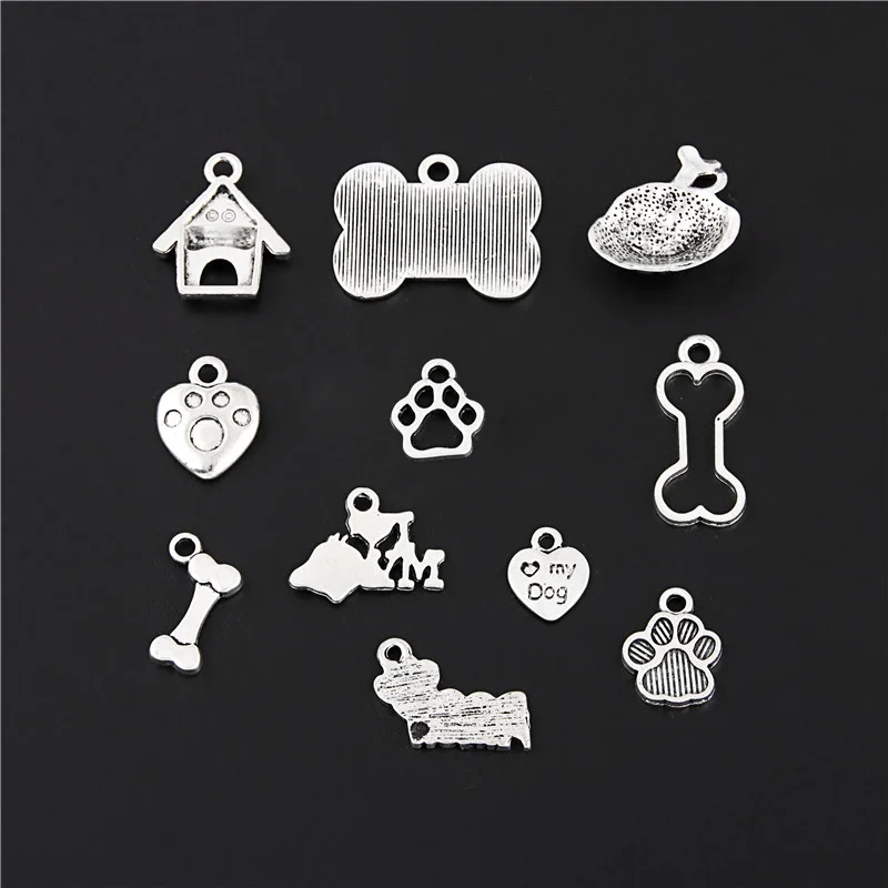 22pcs Mix Silver Color Dog Paw Dog House Charms Cute I Love My Dog Pendant Jewelry Making DIY Handmade Accessories M55