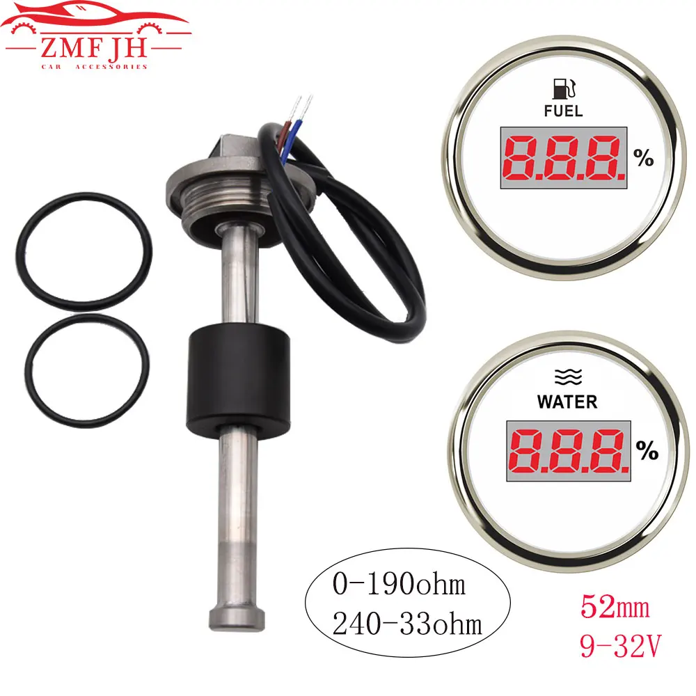 52mm Digital Fuel/Water Level Gauge 0~190 ohm / 240~33 ohm Boat Car Fuel Sender Unit Water Level Sensors for Truck Car RV Yacht