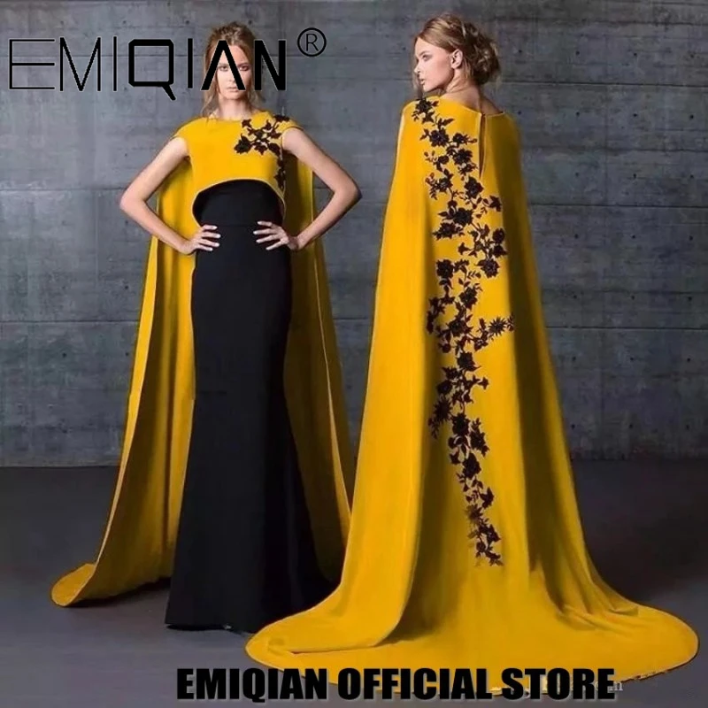 

Yellow Muslim Evening Dresses with Black Embroidery Cap Sleeves Mermaid Islamic Dubai Saudi Arabic Long Formal Evening Gowns