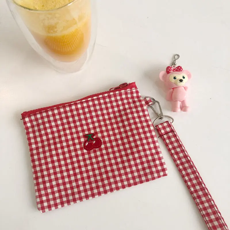 Coin Purses Plaid Cherry Embroidery Canvas Bag Kawaii Wallet Pan Purse Zipper Simple Travel Storage Chic Fashion Ins Harajuku