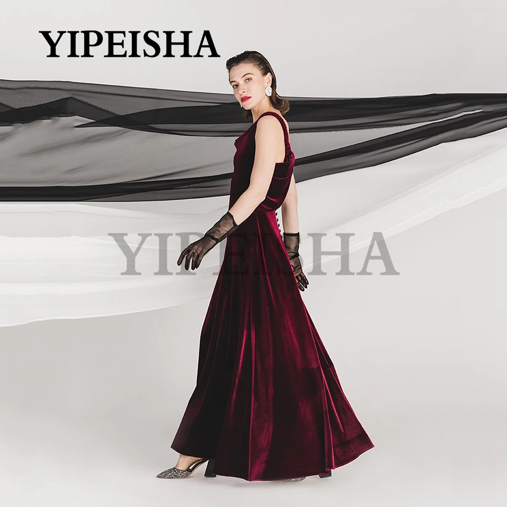 Customized V-Neck Simple A-Line Evening Dresses Backless Spaghetti Strap Burgundy Velour Prom Party Gown Vestidos De Fiesta Robe