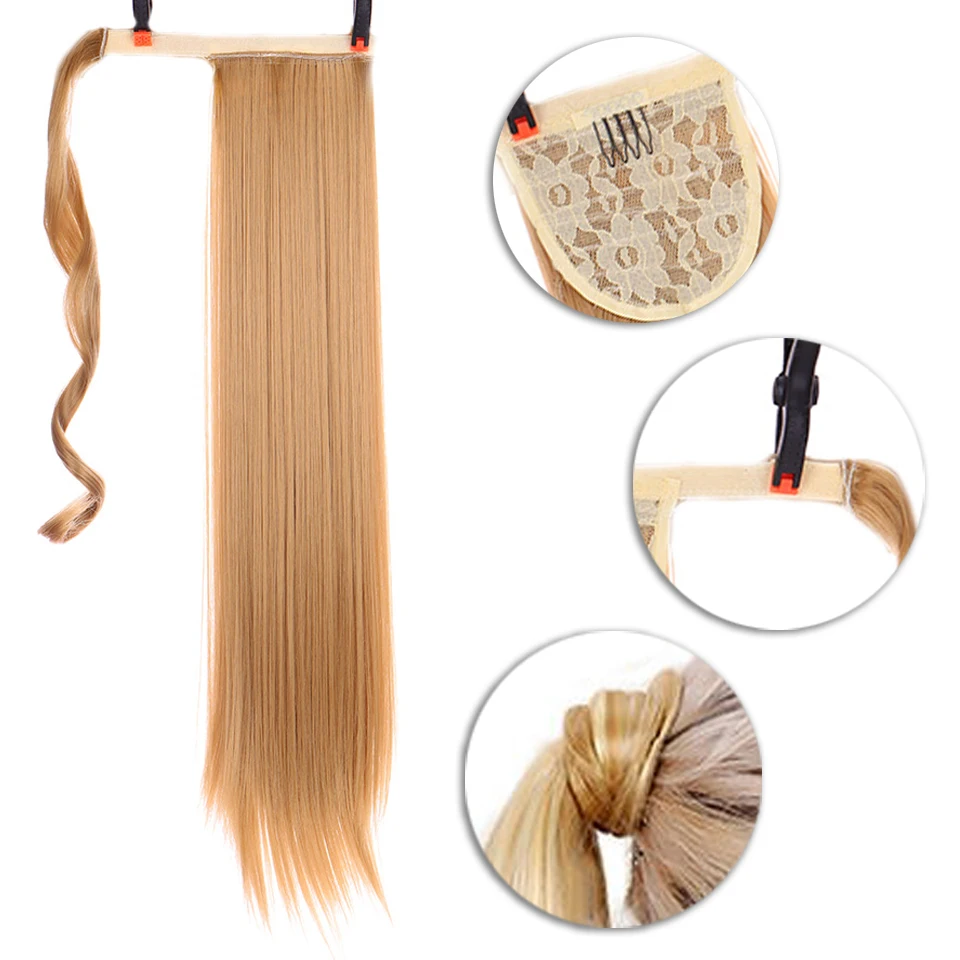 PAGEUP 24inch ponytail wrapped around the ponytail and clipped in the hair extension Natural wig headdress. Synthetic hair