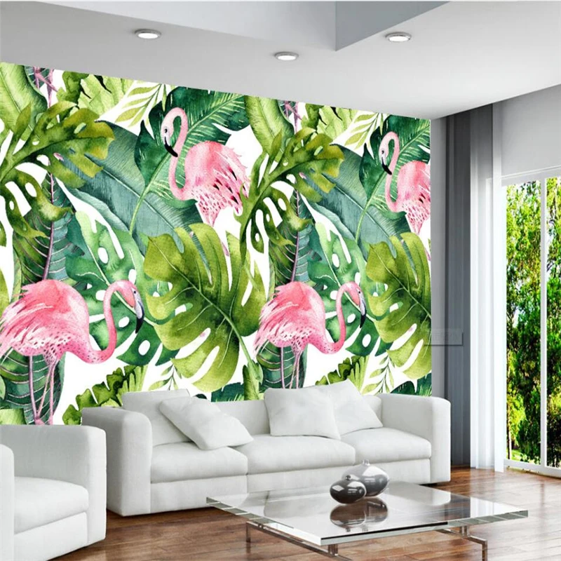 

wellyu Custom large mural painter green nordic small fresh turtle leaves fashion flamingo background wallpaper3d