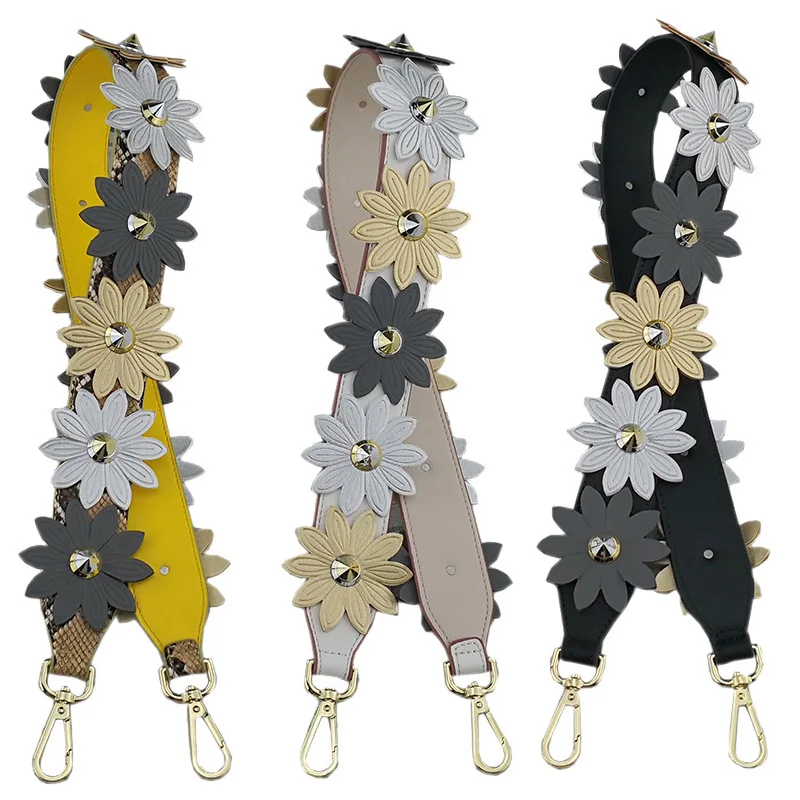 Daisy Floral Wide Leather Bag Strap Fashion Rivet Flower Accessories Luxury DIY Handbag Straps Bags Shoulder Belts Strap