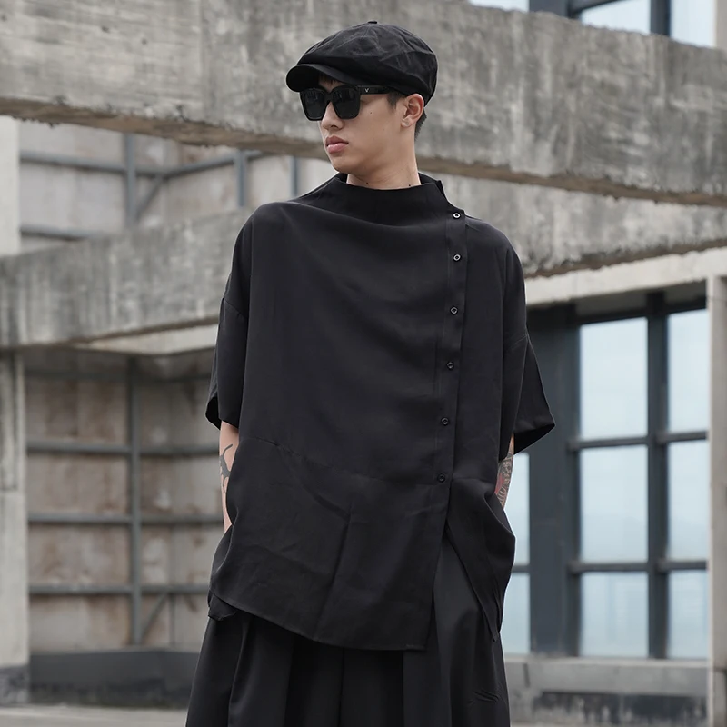 Men's New Dark Loose Personality Contracted Urban Youth Fashion Joker Leisure Stand Collar Loose Large Size Short Sleeve