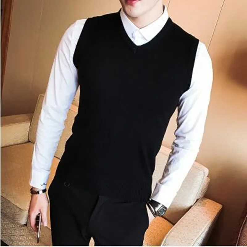 

Men's Cotton Vest Pullover Autumn Spring Warm V-Neck Sleeveless Solid Slim Fit Fashion Clothes Knitted Casual Wool Male Sweaters