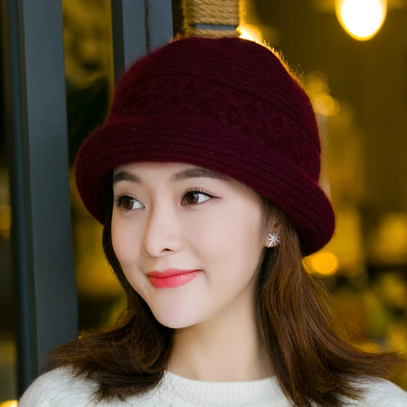 H7770 Winter Bucket Hat Women Mother Warm Thickened Rabbit Fur Knitted Fisherman Cap Elderly Grandma Elegant Outdoor Simple Caps