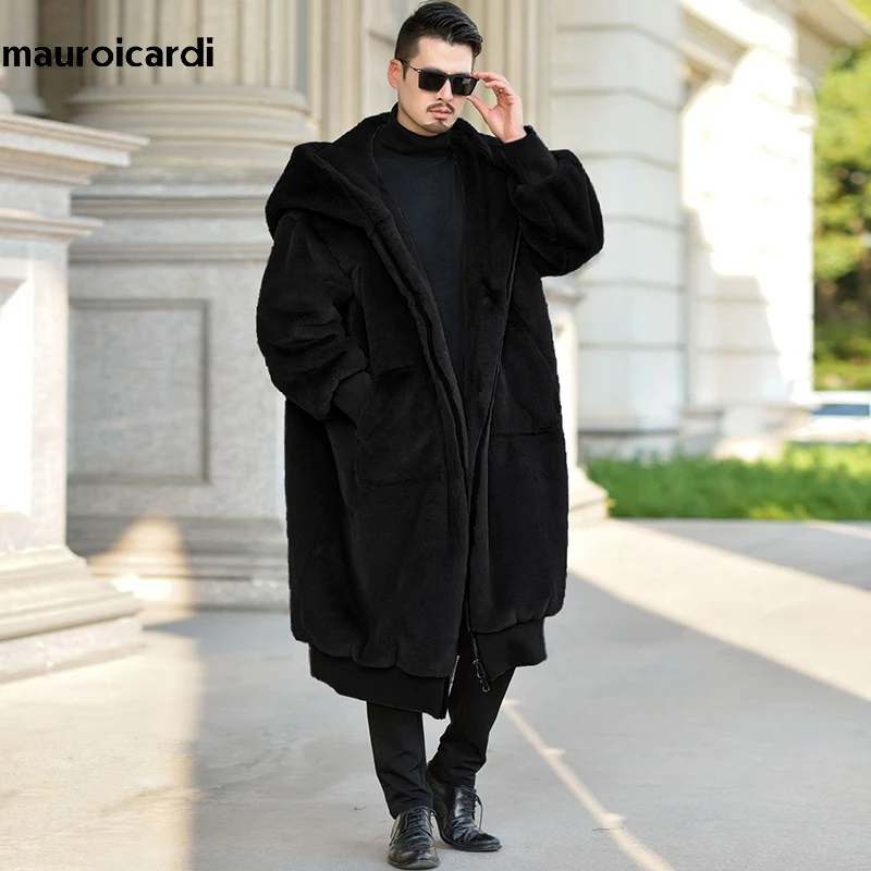 

Mauroicardi Winter Black Oversized Long Warm Fluffy Faux Fur Coat Women with Hood Long Sleeve Zipper Loose Korean Fashion 2021