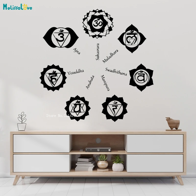 Chakras Vinyl Wall Decal Hinduism Lotus Buddhism Yoga Center Stickers Home Decoration Living Room Art Murals Vinyl YT1369