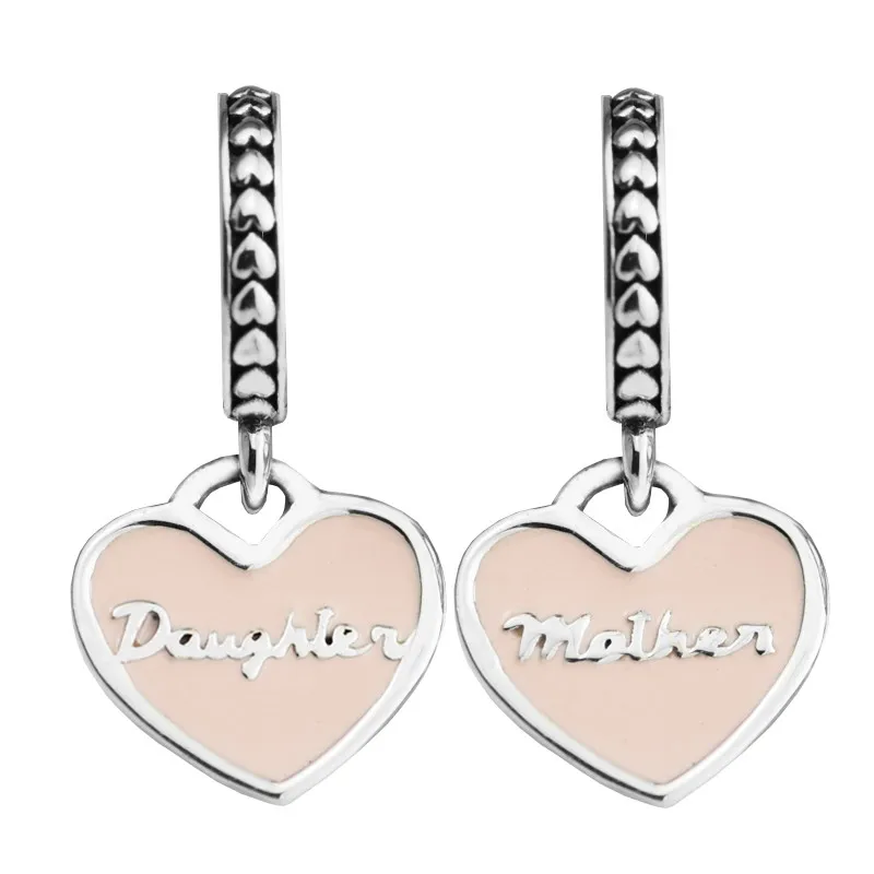 Mother & Daughter Hearts Pink Enamel Charms for Bracelets & Bangles DIY Jewelry 925 Sterling Silver Charms for Jewelry Making