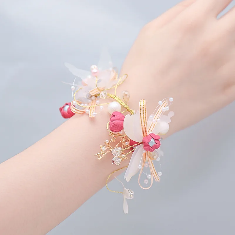 Ramillete de muñeca de flores, pulsera de mano de dama de honor de mariposa para boda, baile de graduación para niñas
