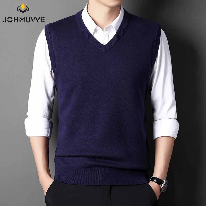 JOHMUVVE02 Nieuwe Mannen V-hals Vest Trend Retro Effen Kleur Vest Alle-Match Casual Business Werk Wollen Knit Vest Mannen herfst