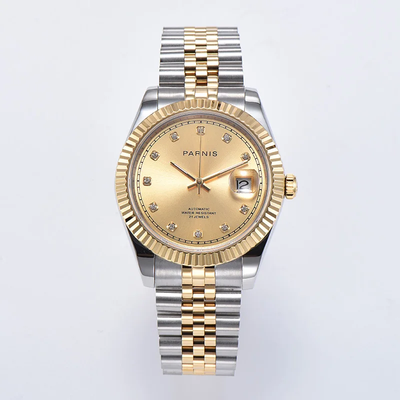 

Golden plated 39mm parnis Gold Diamond dial sapphire glass date display automatic movement mens watch Two tone solid bracelet