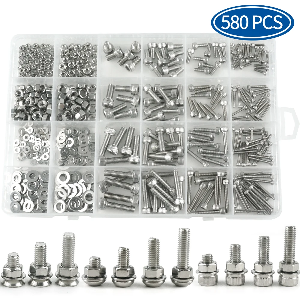 

SENYU 580pcs/set hex socket cap head screw nut set stainless steel m2 m3 m4 m5 hexagon flat round cap head screw assorted kit