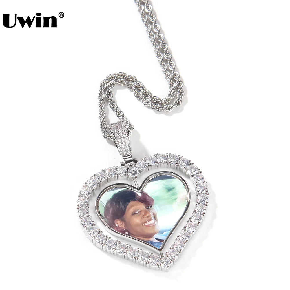 UWIN DIY Heart Design Spinning Photo Pendant Necklaces for Men and Women Jewelry Accessories Mothers' Day Memorial Gift