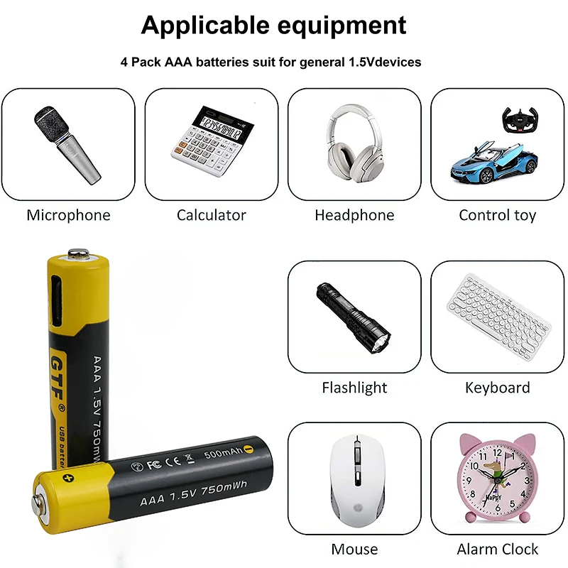 USB Type-C Charging AAA battery 1.5V 500mah 750 mWh Lithium ion AAA Battery 4 in 1 USB Type C Charg Cable LED Charging Indicator