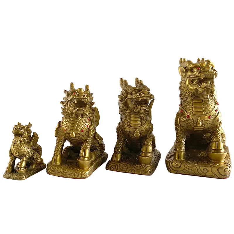 2 Pcs Chinese Beast Qi Lin Desktop Ornaments Ancient Copper Animal Lucky Kirin Sets Miniature Figurines Buddhism Home Decors