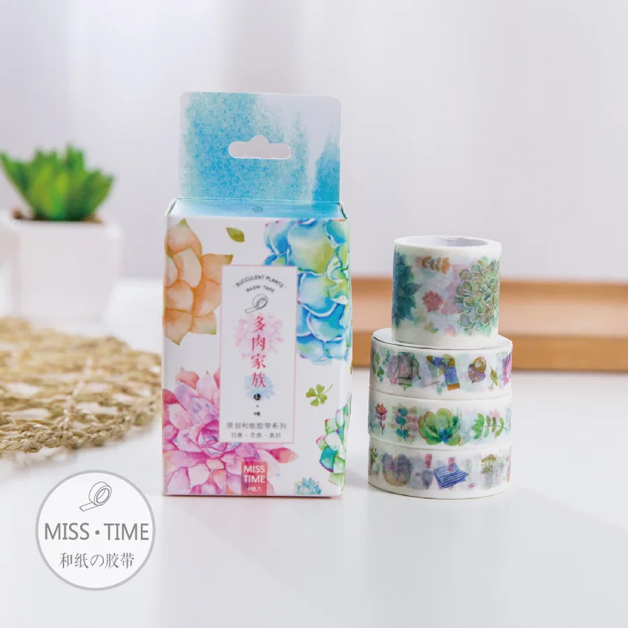 4pcs Succulent Plant Washi Tape Set Garden Potting Adhesive Masking Tapes Decoration Stickers Home DIY Art Album Supplies A6324