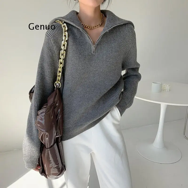 

Fashion Thick Turtleneck Zipper Pullover Sweaters Women Loose Long Sleeve Female Solid Knitting Jumpers Autumn Winter