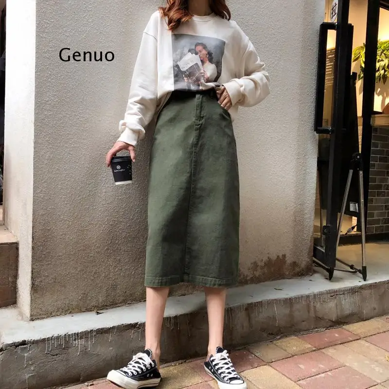 

Vintage Denim Midi Skirts For Women Knee Length Jeans Skirt Women A Line High Waist Skirt Denim Skirt Summer