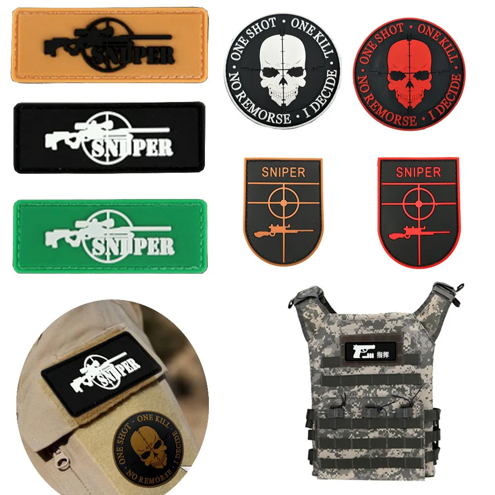 3D PVC Shooter Aiming Sniper Patches Rubber Hook and Loop Badge Gun Shape Crosshair Cap Outdoor Backpack Stickers Hat Applique