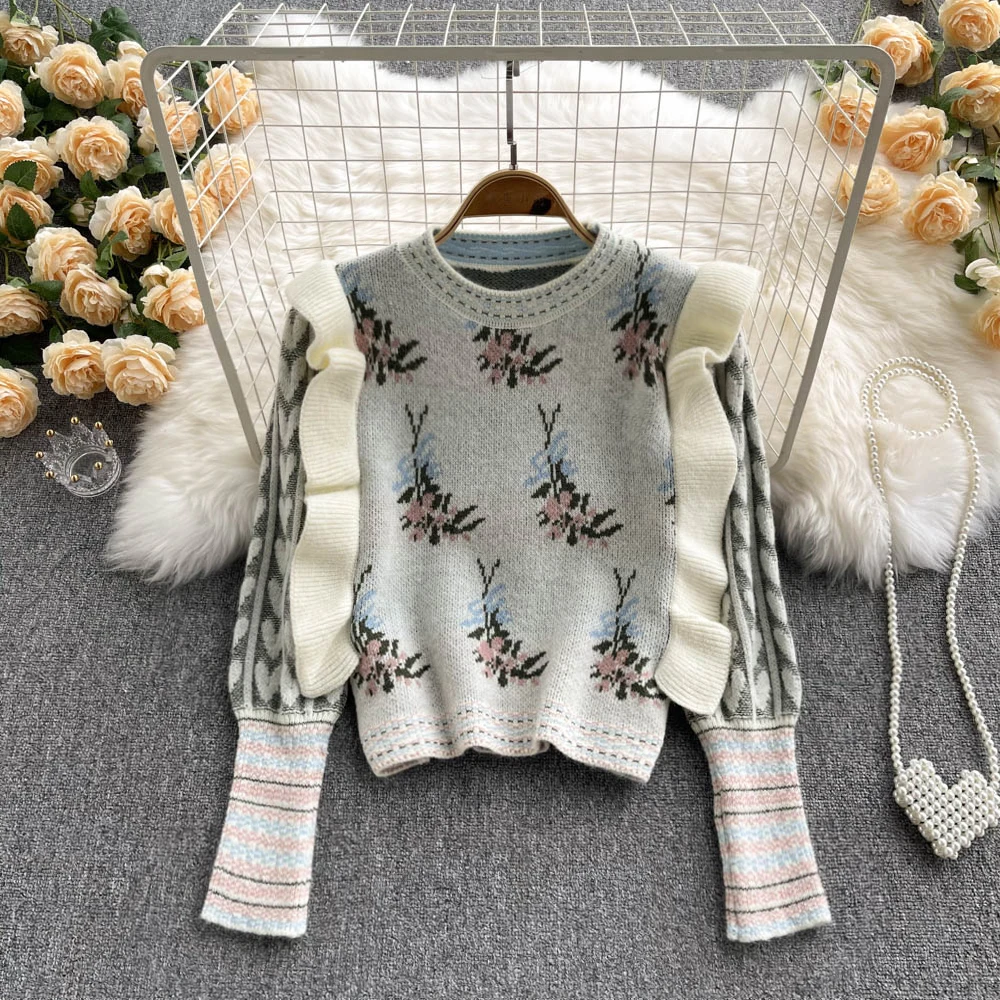 Women\'s Knit Sweater Za 2022 Fashion Ladies O-Neck Stitching Ruffle Streetwear Female Clothing Comfortable Streetwear