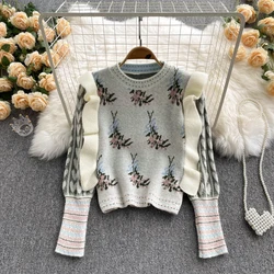 Women's Knit Sweater Za 2022 Fashion Ladies O-Neck Stitching Ruffle Streetwear Female Clothing Comfortable Streetwear