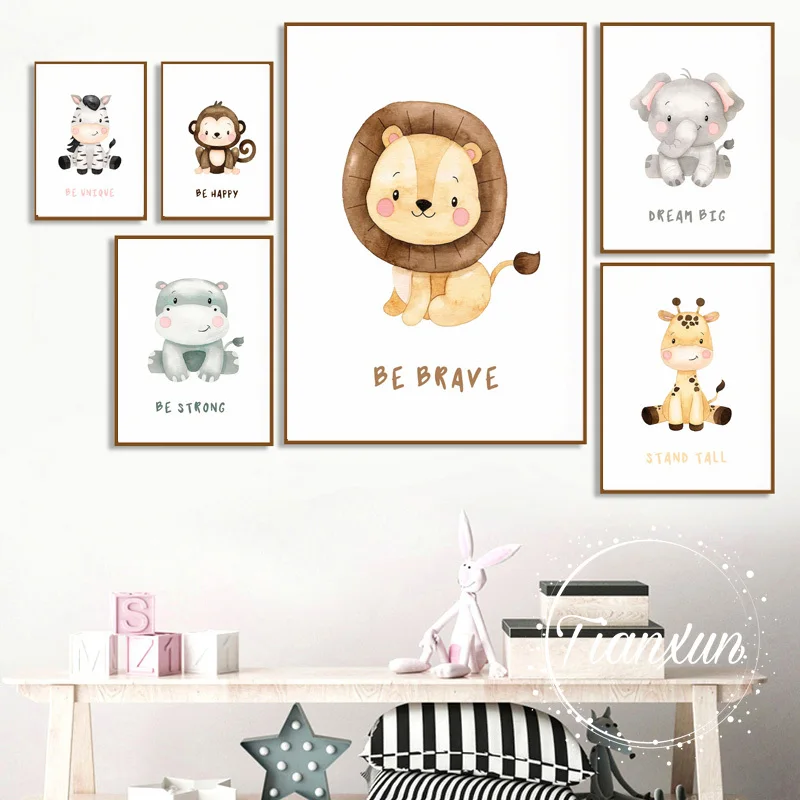 Canvas Painting Posters Prints Cute Cartoon Animal Giraffe Lion Monkey Wall Art Wall Decor For Baby Kids Room Decoration