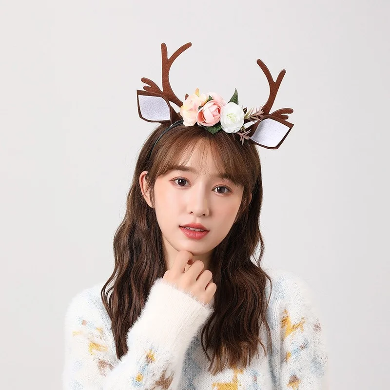 10pcs Women Girls Cute Brown Reindeer Antlers Ears Headband Simulation Flower Hair Accessories Party Props Navidad Christmas