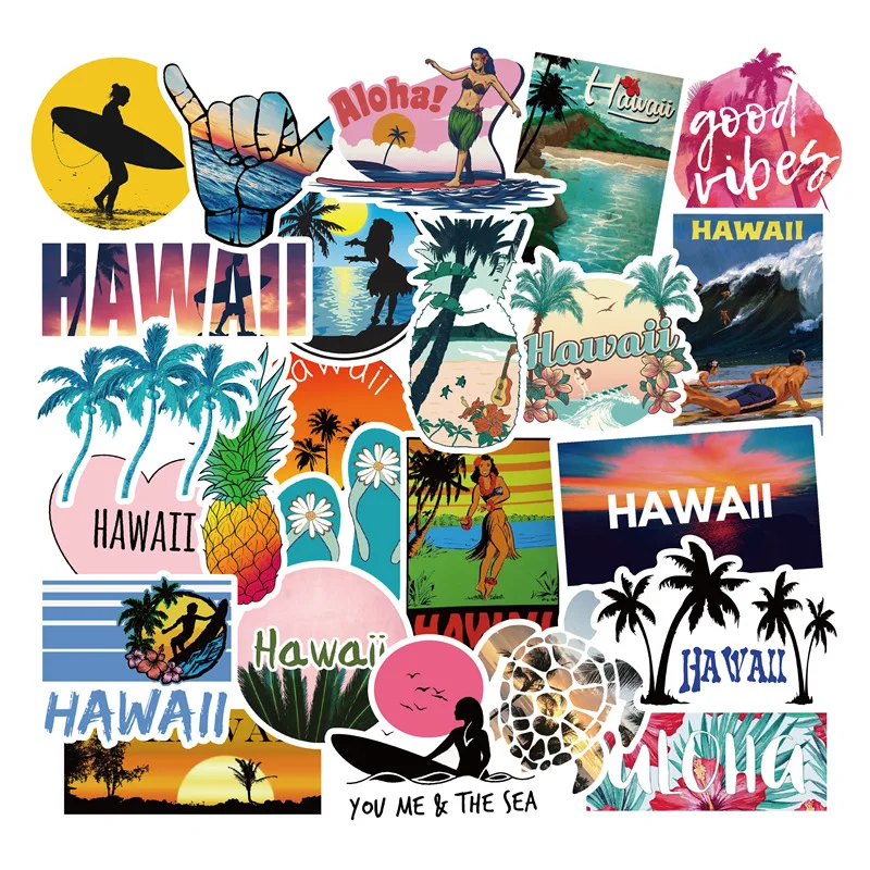 10/30/50PCS Outdoor Hawaii Surfing Stickers Summer Tropical Beach Surfing Waterproof DIY Surfboard Car Skateboard Decal Sticker